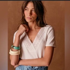 Sezane Cassiopee White V-Neck Lace Blouse